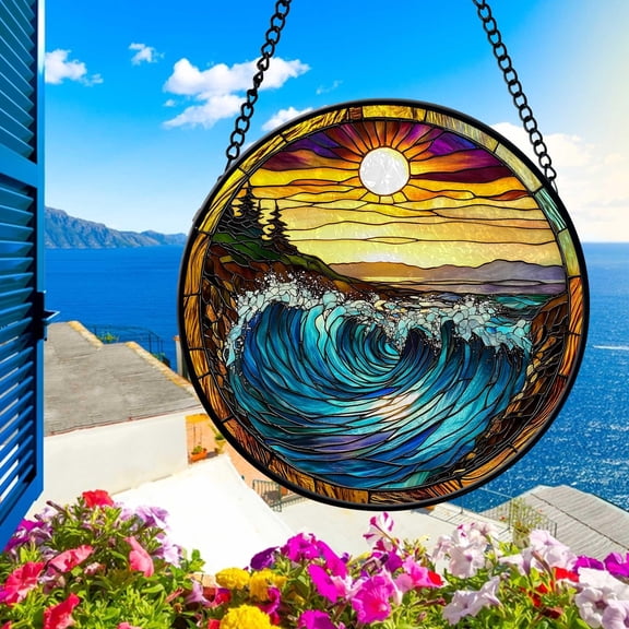 Ocean Wave Sunset Faux Stained Glass Suncatcher | Coastal Home Decor | Beach Sunset Wall Art | Handmade Window Hanging Decor
