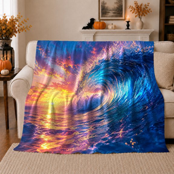 Ocean Wave Sunset Impressions, Peaceful Coastal Landscape Scene, Warm Flannel Blanket for Beach House and Living Room, Beach Lovers Housewarming Gift, Coastal Home Decor