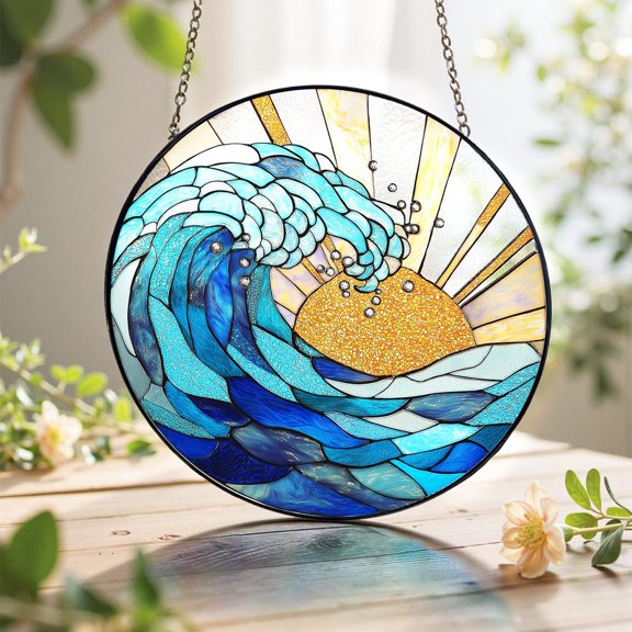 Ocean Wave Sunset Suncatcher, Coastal Beach Decor, Summer Vibes, 3.5 in