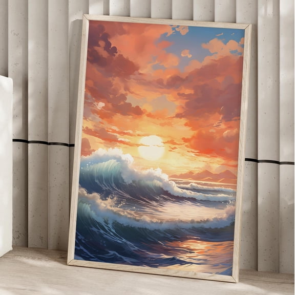 Ocean Wave Sunset Wall Art Modern Nature Decor, Unframed Paper Print Size 8x12