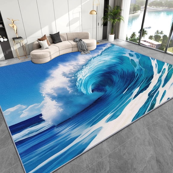 Ocean Wave Surf Area Rugs, Blue Sea Carpet, Washable Non Slip Low Pile Soft Rug for Bedroom Living Room Decor Mat 3ftx5ft