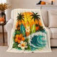 thumbnail image 1 of Ocean Wave with Surfboards and Hibiscus, Bold Tropical Style for Surf Lovers, Orange Sunset Palm Scene and Father's Day Gift, Soft Flannel Blanket for Sofa and Game Room, Coastal Home Decor, 1 of 9