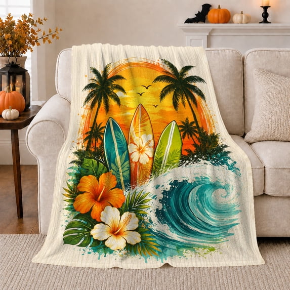Ocean Wave with Surfboards and Hibiscus, Bold Tropical Style for Surf Lovers, Orange Sunset Palm Scene and Father's Day Gift, Soft Flannel Blanket for Sofa and Game Room, Coastal Home Decor