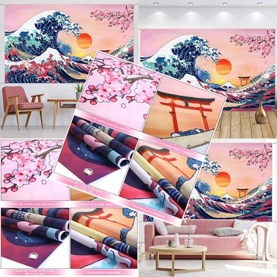 Japanese Design Backdrop Ocean Wave Tapestry Japanese Kanagawa Backdrop Great Wave Tapestry ...