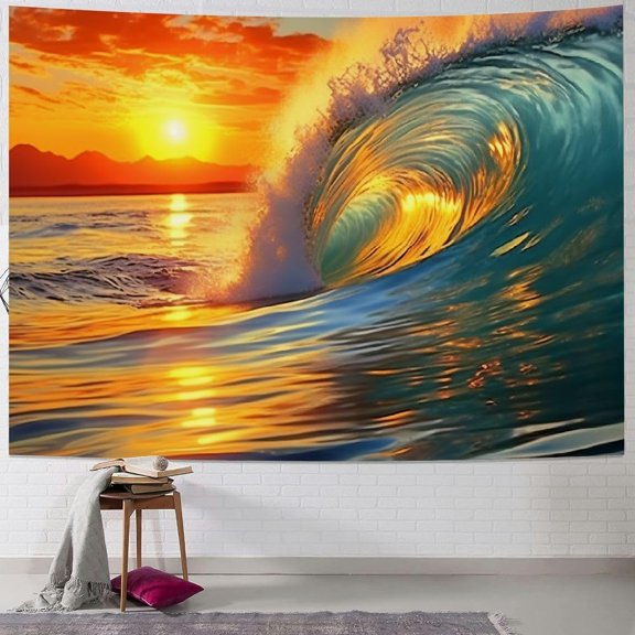 Ocean Wave Tapestry Wall Hanging, Sunset Beach Seascape Decor, Blue Surf Landscape for Living Room or Bedroom, 40 x 60 Inch