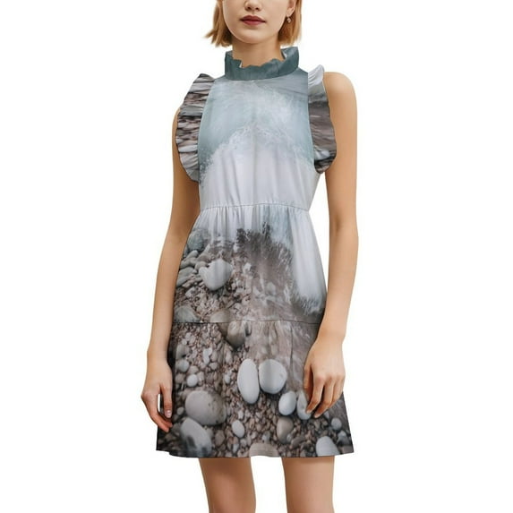 Ocean Wave Texture Women's Fashion Casual Dress Summer Stand Up Collar Ruffles Sleeve Dress Elegant Dresses