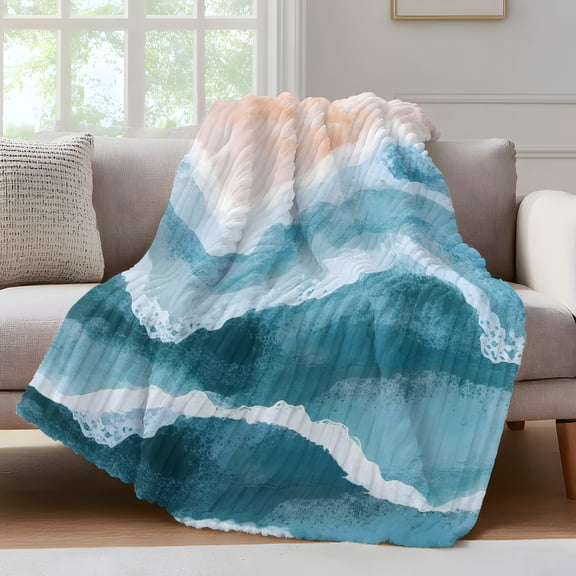 Ocean Wave Throw Blanket for Couch Blue Gradient Beach Boho Soft and Warm Flannel 3D Striped Fluffy Fuzzy Fleece Blanket Lightweight Throw for Bed, Sofa 50 x 80 Inches