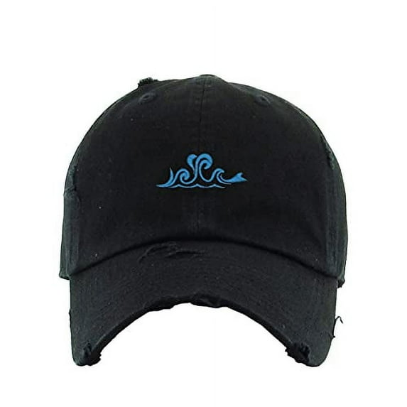 Ocean Wave Vintage Baseball Cap Embroidered Cotton Adjustable Distressed Dad Hat Black