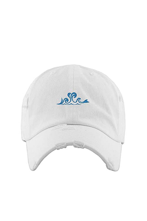 Ocean Wave Vintage Baseball Cap Embroidered Cotton Adjustable Distressed Dad Hat White