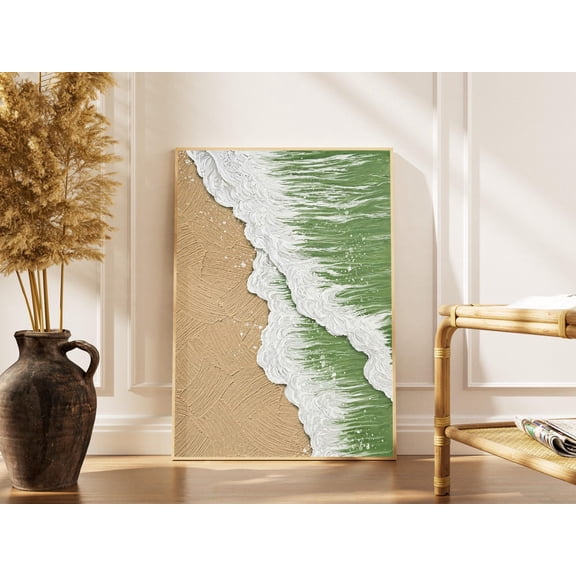 Ocean Wave Wall Art Print, Sage Green Coastal Poster, Beach Sand, Minimalist Beach House Decor