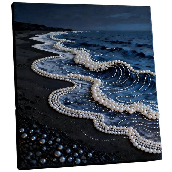 Ocean Wave Wall Art with 3D Pearl Embellishments on Fabric Canvas for Home Decor