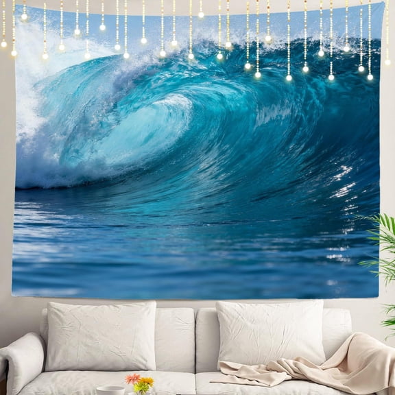 Ocean Wave Wall Hanging Tapestry, Large Psychedelic Surfing Barrel Wave Design, 39.4 x 59.1 Inches, Blue