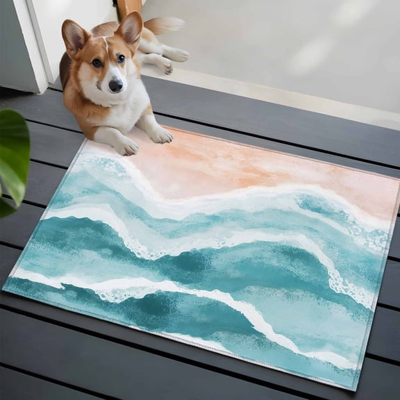 Ocean Wave Washable Area Rug 2x3 111 Teal Gradient Beach Boho Low-Profile Area Rugs with Non Slip Backing Indoor Floor Carpet for Entrance Living Room Bedroom Home Office