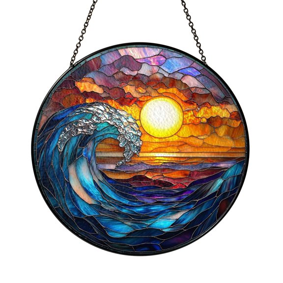 Ocean Wave and Cloud Glass Suncatcher – Decorative Window Art