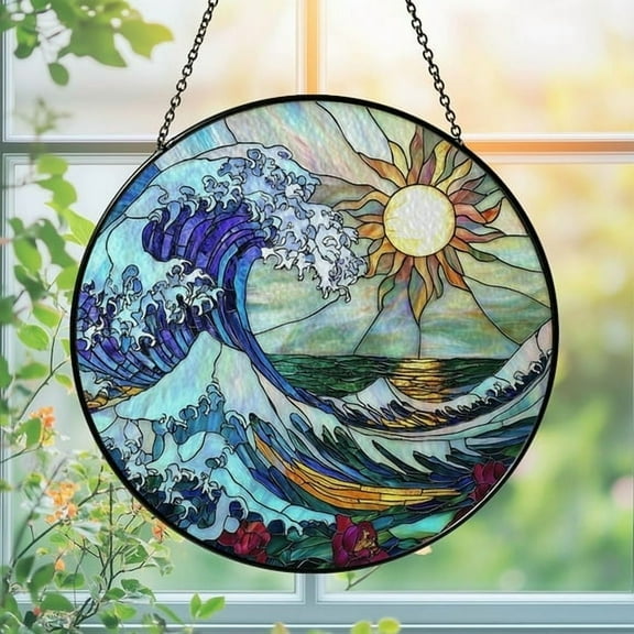 Ocean Wave and Sun Stained Glass Suncatcher Round Hanging Window Panel Inspired by The Great Wave, Mountain, and Sea Scene Art