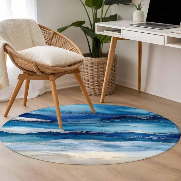 Ocean Waves 3.3ft Round Rug for Bedroom Reading Corner, Gradient Blue White Marble Waves Washable Non Slip Circle Area Rug