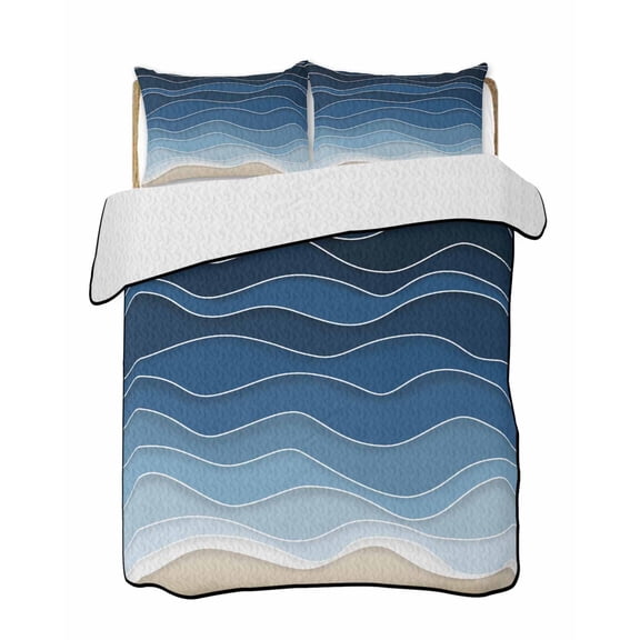 Ocean Waves 3 Piece Quilt Bedding Set with 2 Pillow Shams, Abstract Spray Beach Lightweight Bedspread Coverlet, Soft Breathable All Season Quilt, 68 x 98 Inch
