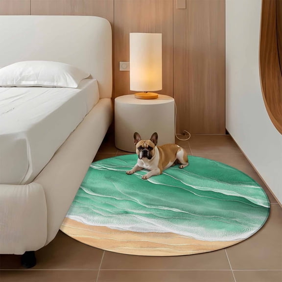 Ocean Waves 3ft Round Rug for Bathroom Accent Bedside Corner, Abstract Gradient Orange Green Waves Beach Washable Non Slip Circle Area Rug for Small Spaces