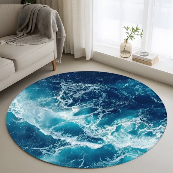Ocean Waves 4FT Round Area Rugs Modern Nautical Dark Blue Ocean Waves Soft Small Round Rug Non-Slip, Ultra-Thin Indoor Circle Carpet for Bedroom Entryway Kitchen Bathroom