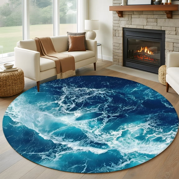 Ocean Waves 7' Round Rug for Living Room Conversation Area, Modern Nautical Dark Blue Ocean Waves Washable Non Slip Large Circle Area Rug
