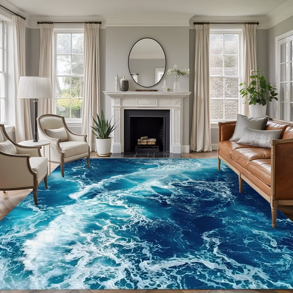 Ocean Waves 8'x10' Large Area Rug for Living Room Sectional Sofa, Modern Nautical Dark Blue Ocean Waves Washable Non Slip Low Pile Rectangle Area Rug