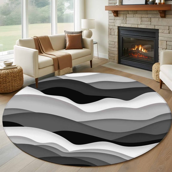 Ocean Waves 8FT Round Area Rugs for Living Room Gray White Wave Dark Gray Gradient Ultra-Thin Non-Slip Round Rugs Machine Washable Low Pile Circle Carpet for Bedroom Kitchen Nursery