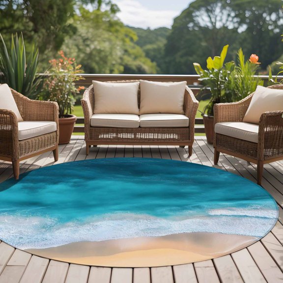 Ocean Waves 8ft Round Rug for Open Concept Living Room Seating Zone, Summer Watercolor Ocean Beach Aqua Gradient Water Ripples Washable Non Slip Large Circle Area Rug