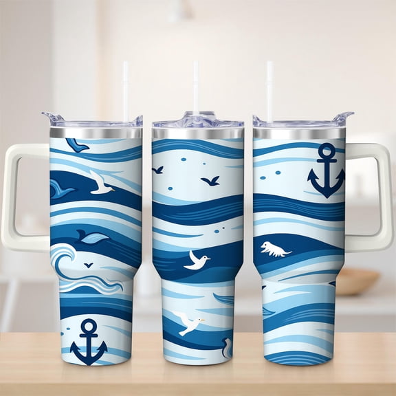 Ocean Waves Anchor Stainless Steel Insulated Mug with Lid and Handle, 40oz