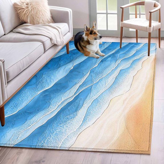 Ocean Waves Area Rugs 3x5 ft Abstract Gradient Orange Blue Waves Beach Washable Rug Non Slip Indoor Carpet Absorbent Floor Mat for Living Room Bedroom Dining Room