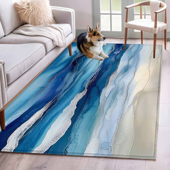 Ocean Waves Area Rugs 3x5 ft Gradient Blue White Marble Waves Washable Rug Non Slip Indoor Carpet Absorbent Floor Mat for Living Room Bedroom Dining Room
