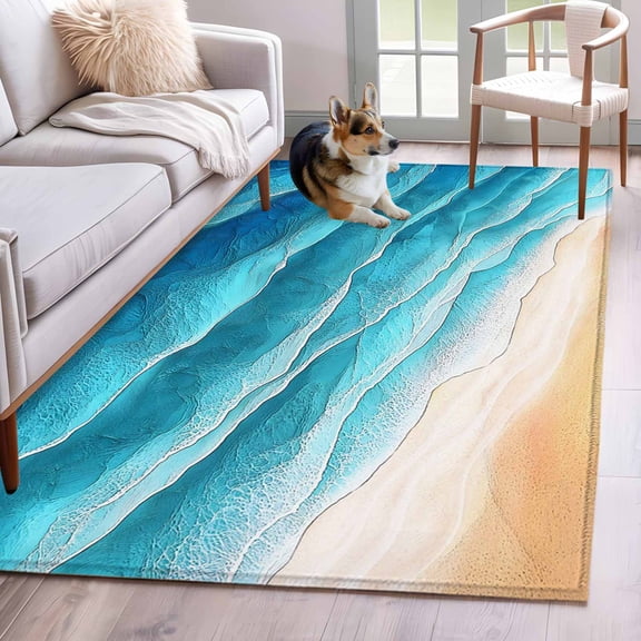 Ocean Waves Area Rugs 4x6 ft Abstract Gradient Orange Teal Waves Beach Washable Rug Non Slip Indoor Carpet Absorbent Floor Mat for Living Room Bedroom Dining Room