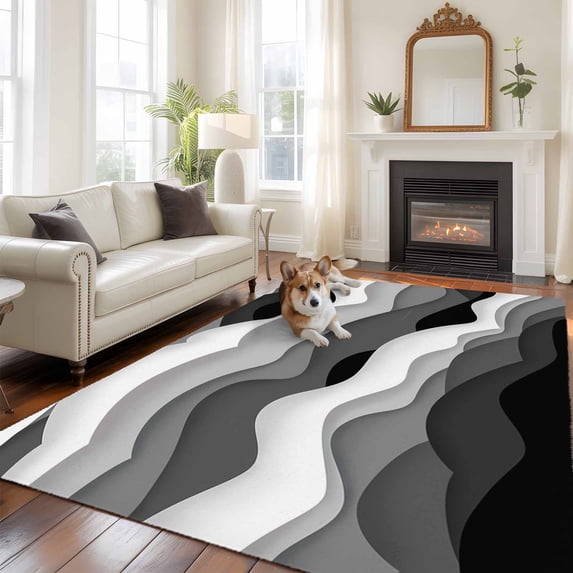 Ocean Waves Area Rugs 5x7 ft Gray White Wave Dark Gray Gradient Washable Rug Non Slip Indoor Carpet Absorbent Floor Mat for Living Room Bedroom Dining Room