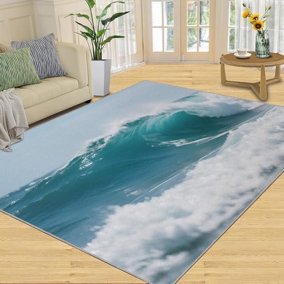 Ocean Waves Area Rugs for Bedroom, Sea Waves Area Rug, Blue Theme Washable Non-Slip Carpet, Wave Rugs, Kids Carpet - Coastal Home Decor & Gift 4 x 6ft