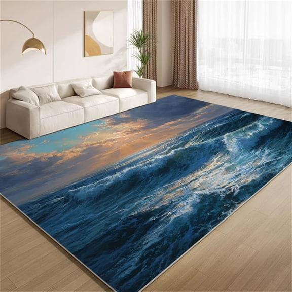 Ocean Waves Area Rugs, Coastal Seascape Pattern Carpet, Washable Non Slip Low Pile Soft Rug for Living Room Bedroom Decor Mat 2x3ft