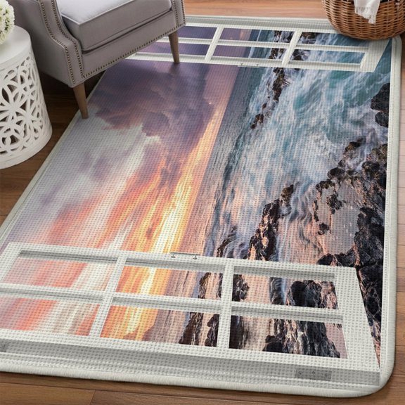 Ocean Waves Area Rugs for Living Room 5x6, Open Window Dramatic Lavender Sunset Clouds Rocks Washable Area Rug Non Slip, Stain Resist Linen Carpet for Bedroom, Dining Room, Entryway, Entrance