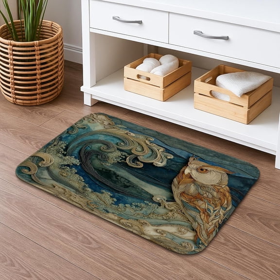 Ocean Waves Artistic Quick Dry Bath Mat, Vintage Oceanic Pattern Absorbent Non Slip Shower Mat, Summer Decorative Flannel Washable Bath Rugs for Bathroom Toilet Restroom 16x24 Inch