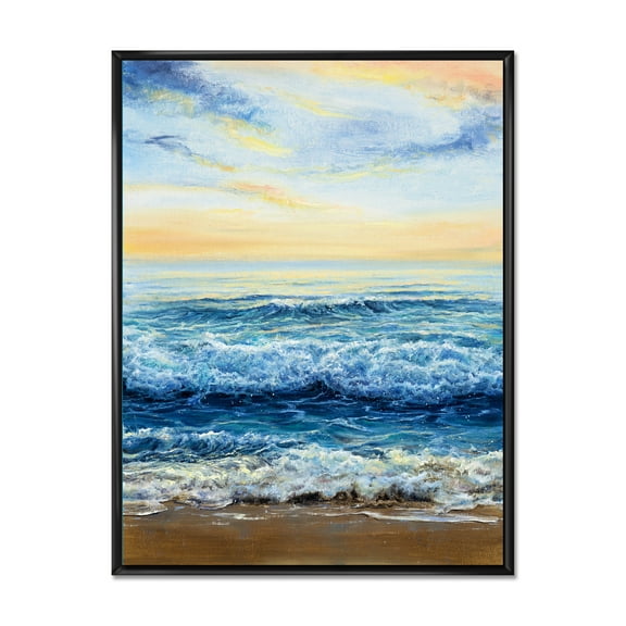 Ocean Waves At Sunrise 12 in x 20 in Framed Painting Canvas Art Print, by Designart