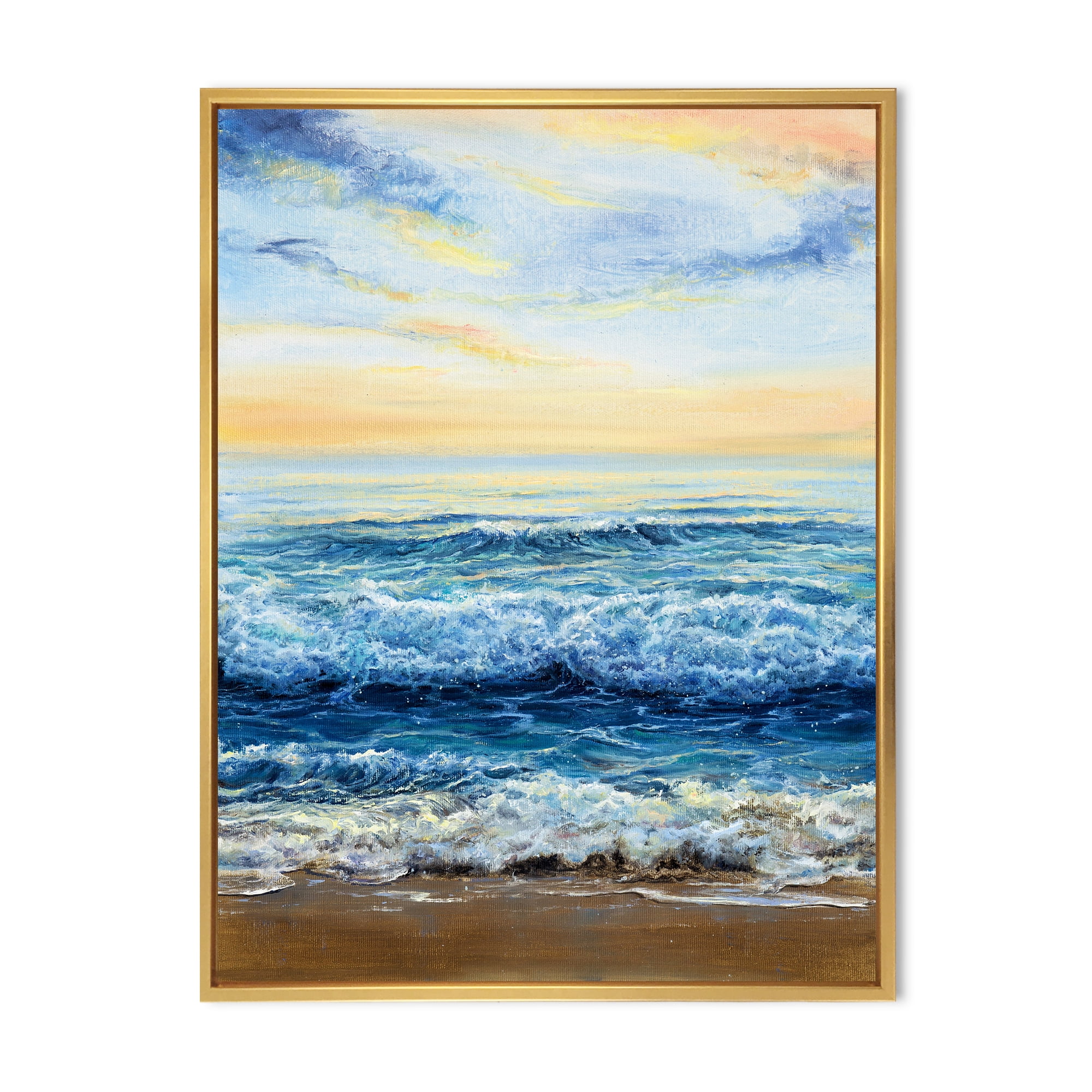 Ocean Waves At Sunrise 16 in x 32 in Framed Photography Canvas Art Print, by Designart