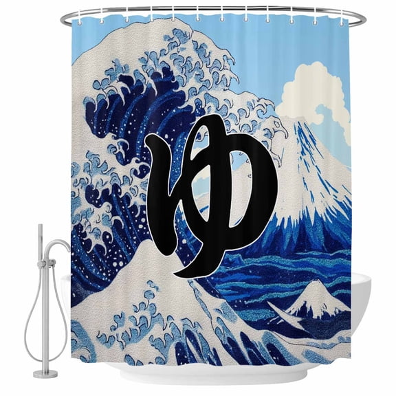 Ocean Waves Bathroom Shower Curtains with Hooks, Japanese Mountain Peaks Waves Letter Sky Waterproof Fabric Washable Shower Curtain for Home Hotel Bathtub Decor 36x72 Inch