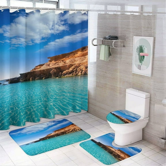 Ocean Waves Beach Blue Sea 4 Pcs Shower Curtain Set with Rug Bathroom Sets with Waterproof Fabric And Non-Slip Rugs Toilet Lid Cover Bath Mat Decor with Hooks