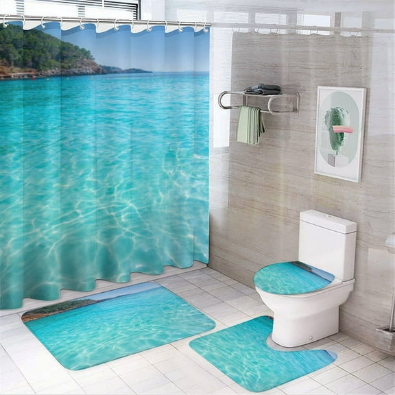 Ocean Waves Beach Blue Sea 4 Pcs Shower Curtain Set with Rug Bathroom Sets with Waterproof Fabric And Non-Slip Rugs Toilet Lid Cover Bath Mat Decor with Hooks