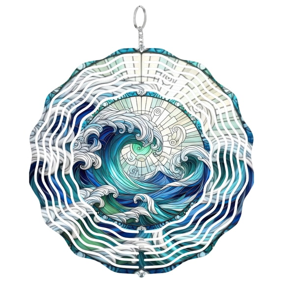 Ocean Waves Beach Faux Stained Glass 3D Wind Spinner Stainless Steel Kinetic Art Coastal Garden Decor 10 Inch