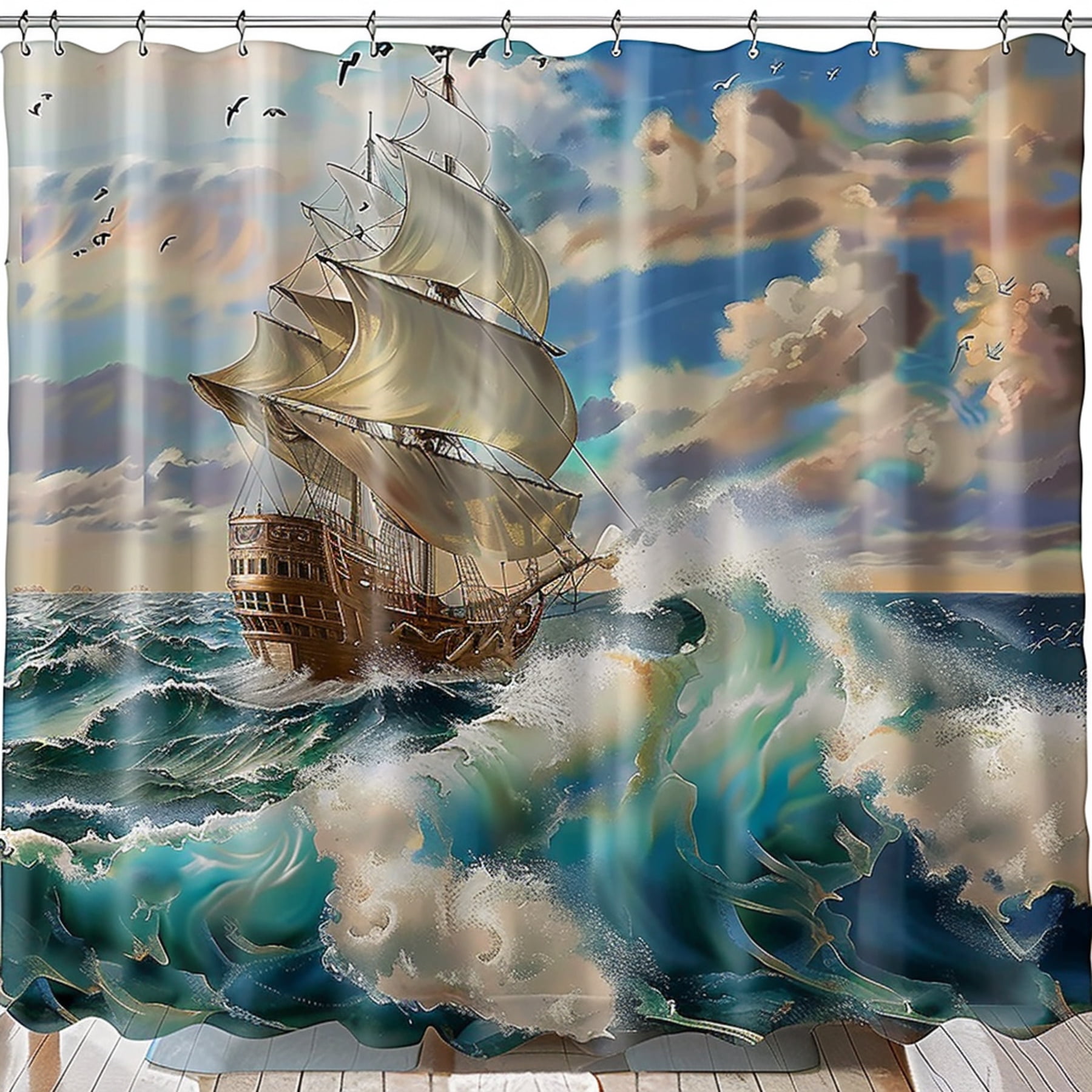 Ocean Waves Beach Landscape Shower Curtain Sailing Ship in Stormy Sea ...