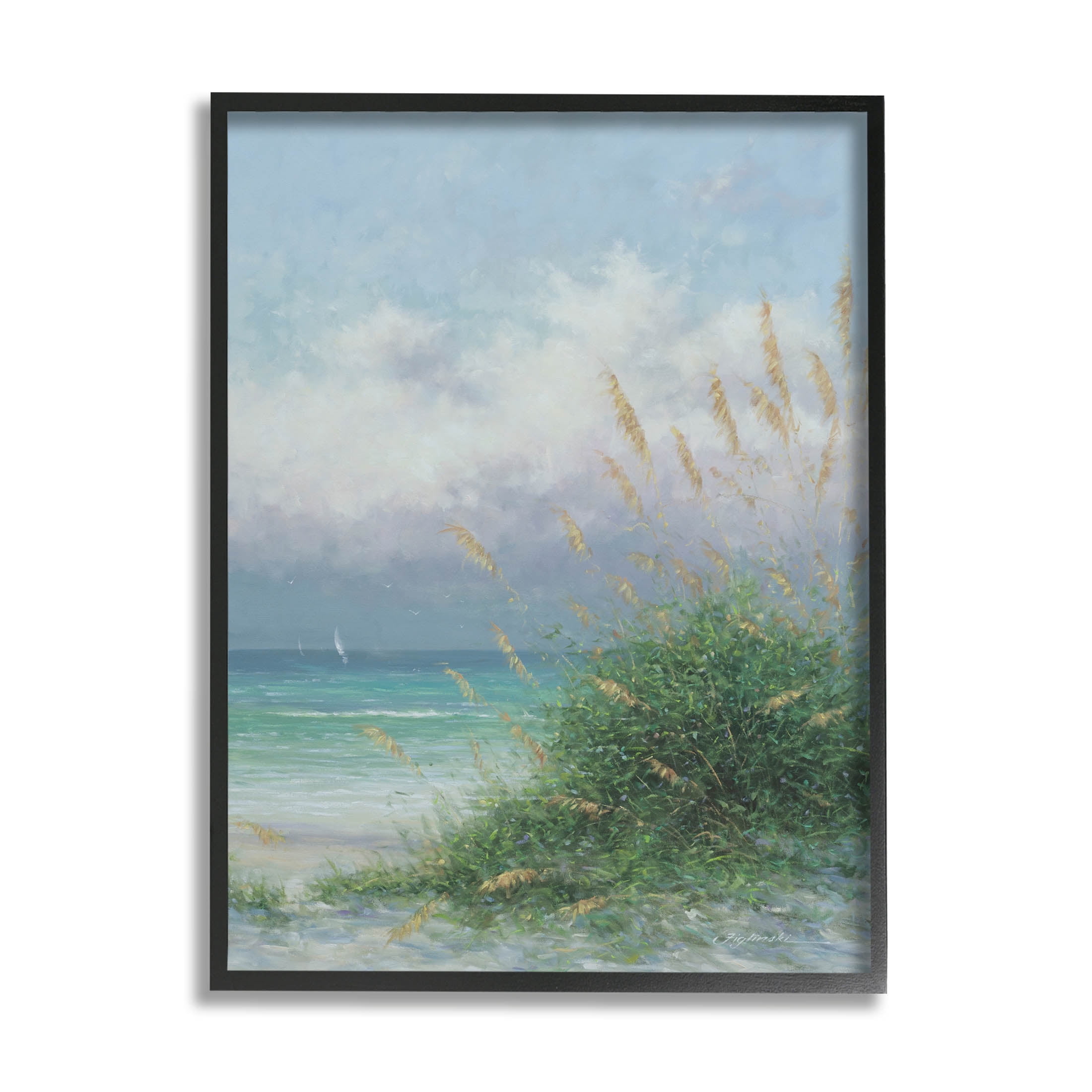 Ocean Waves Beach Reeds Coastal Painting Black Framed Art Print Wall Art