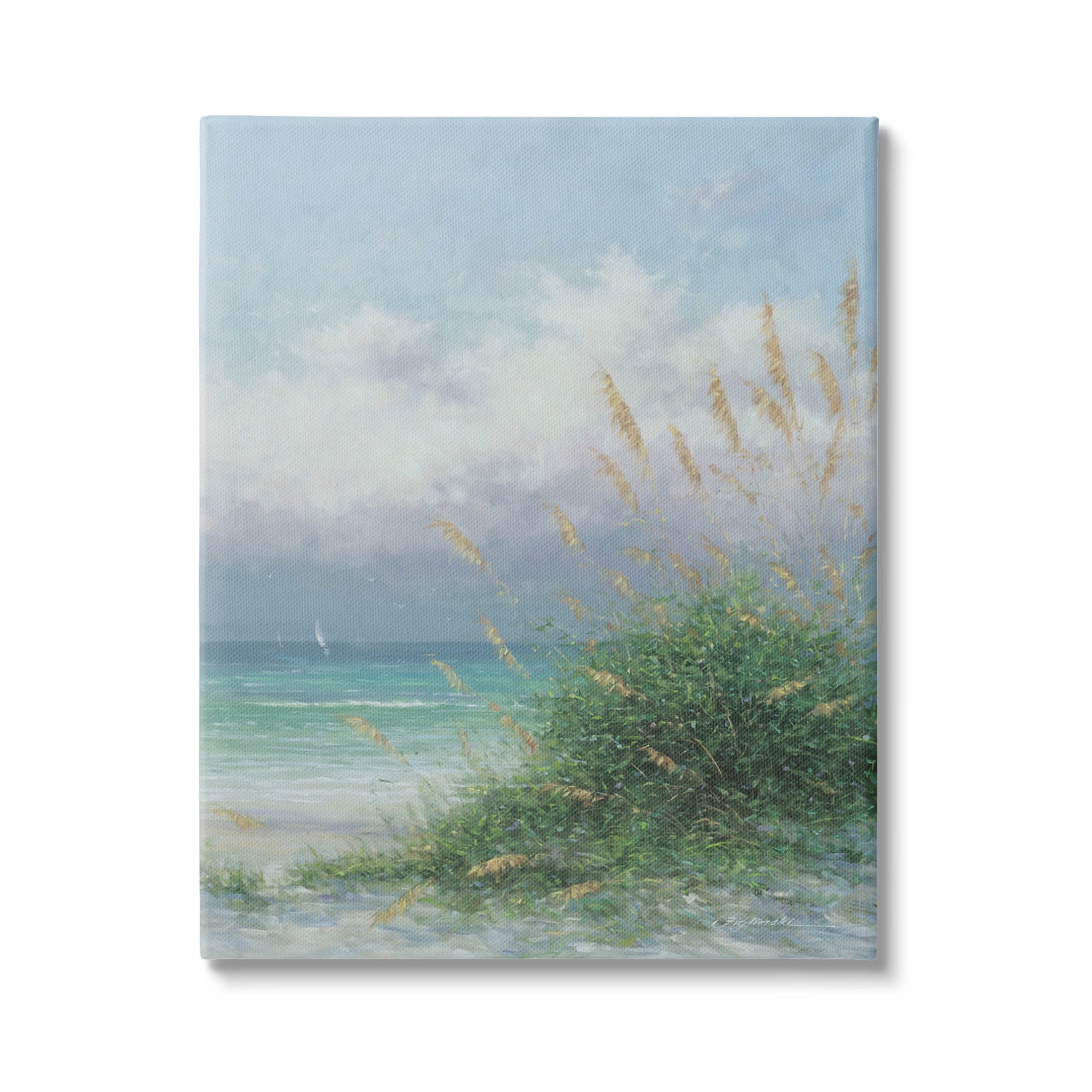 Ocean Waves Beach Reeds Coastal Painting Gallery Wrapped Canvas Print Wall Art