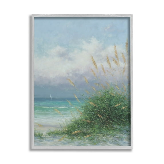 Ocean Waves Beach Reeds Coastal Painting Gray Framed Art Print Wall Art