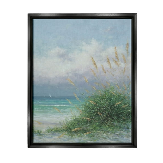 Ocean Waves Beach Reeds Coastal Painting Jet Black Framed Art Print Wall Art