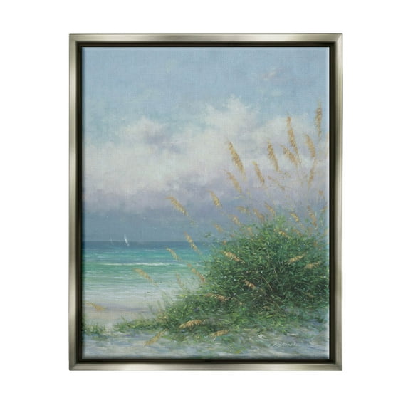 Ocean Waves Beach Reeds Coastal Painting Luster Gray Framed Art Print Wall Art