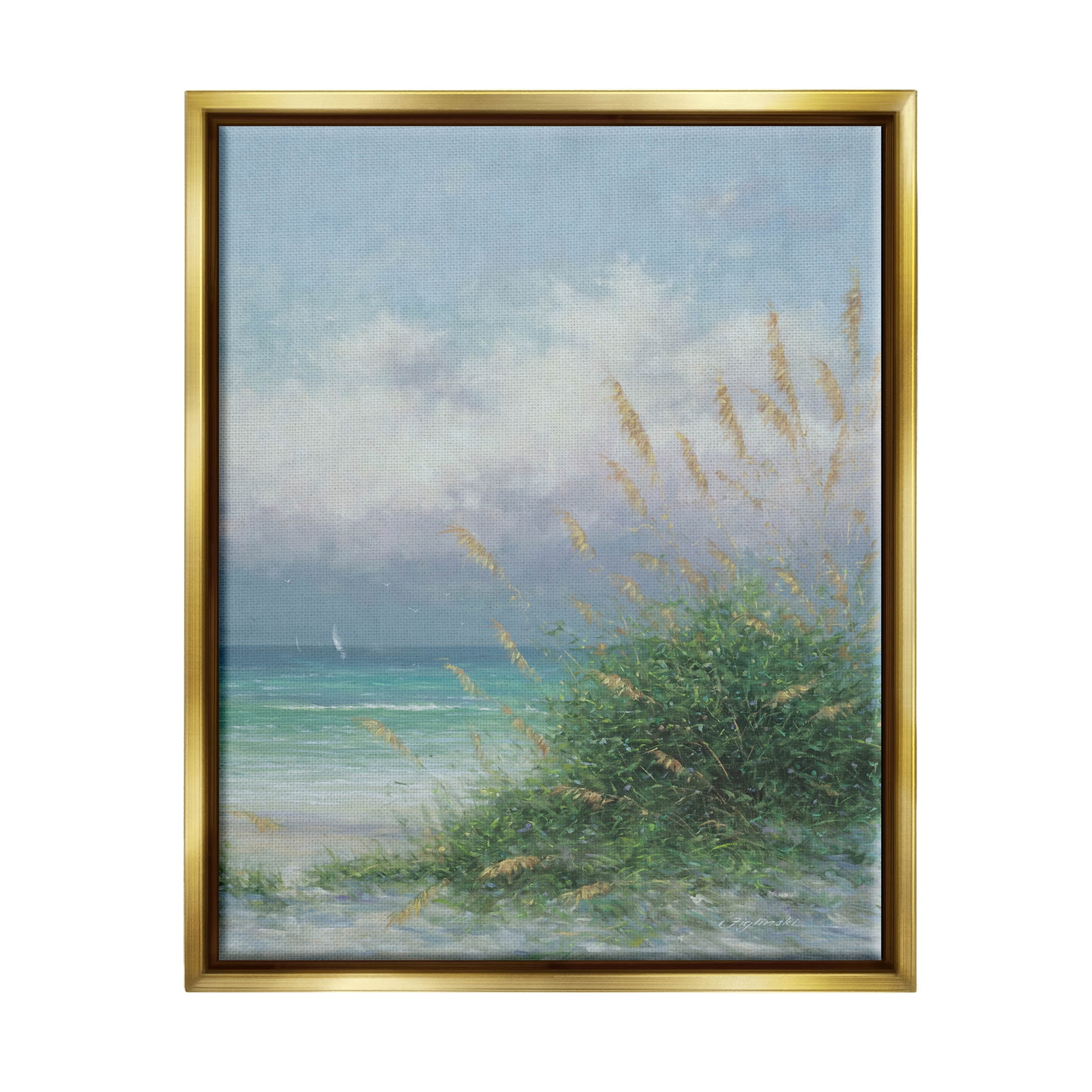 Ocean Waves Beach Reeds Coastal Painting Metallic Gold Framed Art Print Wall Art