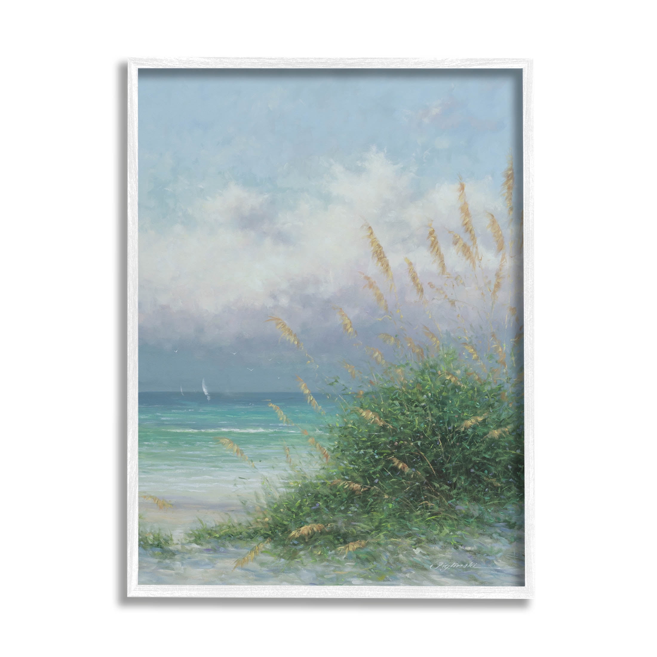 Ocean Waves Beach Reeds Coastal Painting White Framed Art Print Wall Art